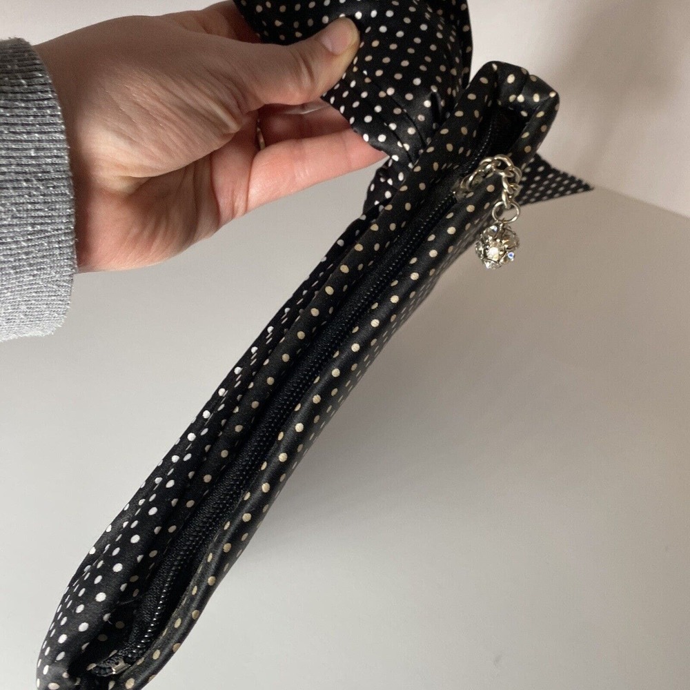 Steve Madden Clutch Bag Satin Zip Purse Bow Polka Dot Retro Gem Ball Zipper Pull - Picture 7 of 7